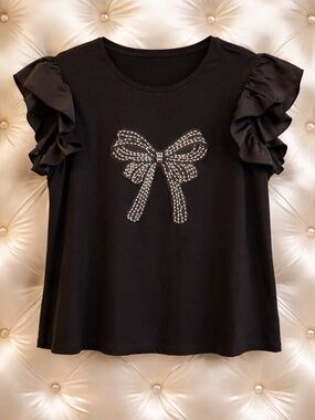 Love & Lace Black Tee with Satin Ruffle Sleeves and Faux Pearl & Gold Bow!